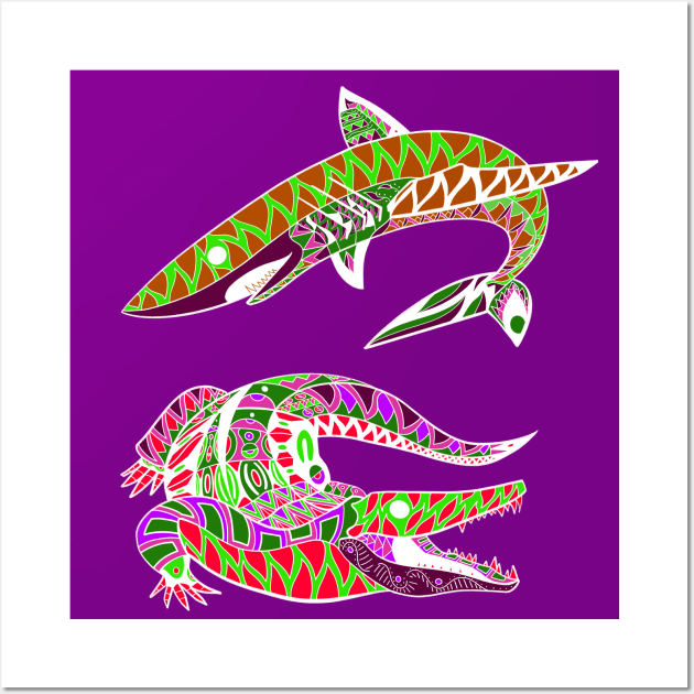 shark and alligator ecopop wild animals art Wall Art by jorge_lebeau